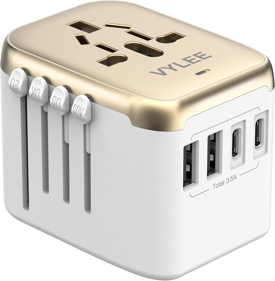 Universal International Power Travel Plug Adapter, 5 in 1 European Travel Plug Adapter W/ 3.5A 2xUSB-A and 2xUSB C Wall Charger and Worldwide AC Outlet for Europe USA UK AUS Asia (White Gold) Universal International Power Travel Plug Adapter, 5 in 1 European Travel Plug Adapter W/ 3.5A 2xUSB-A and 2xUSB C Wall Charger and Worldwide AC Outlet for Europe USA UK AUS Asia (White Gold)
