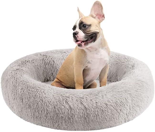 Friends Forever Serena Donut Memory Foam Orthopedic Dog Bed, Soft Faux Fur Oval Cat Couch For Indoor Pet, Fluffy Calming Plush Shag, Round Raised Bolster Cushion, Machine Washable Cuddler, Grey (Small (23"x18"x5.5"))