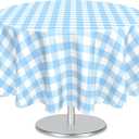 Mulbozy 2 Pcs Light Blue Gingham Round Tablecloth, 84 inches Disposable Plastic Light Blue and White Checkered Circle Table Covers for Baby Shower Wedding Bridal Shower Birthday Party Decorations