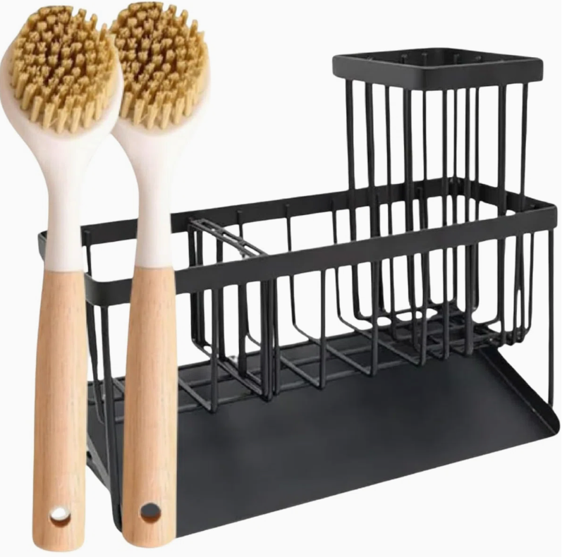 Jorso - 2 PCS Rustproof Kitchen Sink Sponge Holder – Stainless Steel Sink Caddy & Organizer for Sponges and Brushes – Space-Saving Kitchen Sink Accessories (Black)- with 2 Brushes