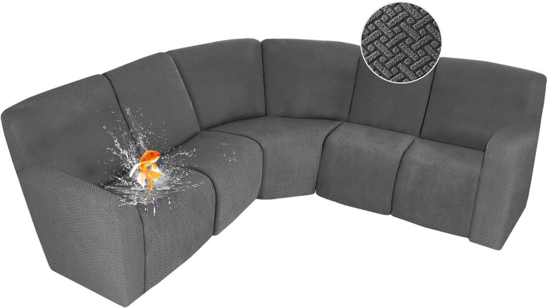 ALIECOM 100% Waterproof Recliner Sectional Couch Covers L Shape Stretch Corner Reclining Sectional Sofa Cover Washable Recliner Slipcover Protector for Dog Pet (5 Seat, Medium Gray)