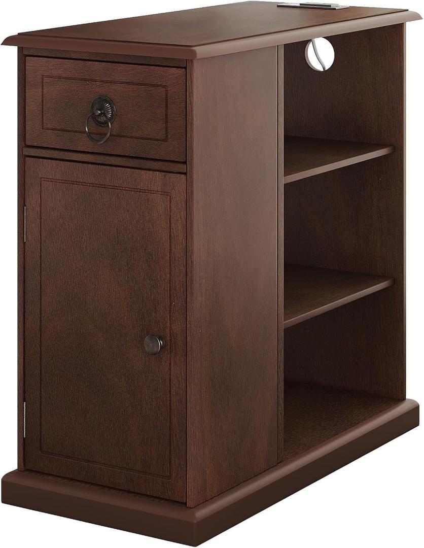 ChooChoo Farmhouse XXL End Table with Charging StationNarrow Sofa Side Table with Adjustale Shelf, 3 Tier Rustic Night Stand for Small Place Living Room, Cherry Brown