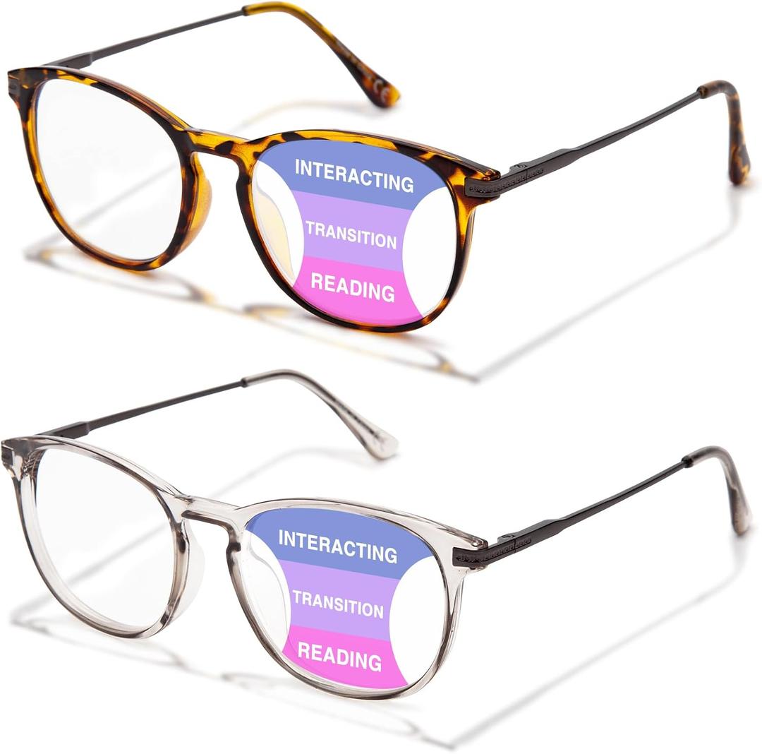 2 Pack Progressive Multifocal Reading Glasses Women No Line Bifocal Transition Readers Mid-Near Range 3ft Round Lens (Not 0 Top/Interacting)