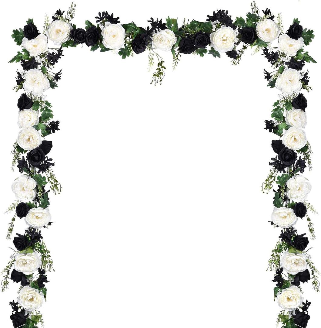 Dear House 2Pcs Artificial Peony Flower Garland - Silk Peony Garland with Black White Flowers for Wedding Party Table Decoration,6ft/Strand (2, White & Black)
