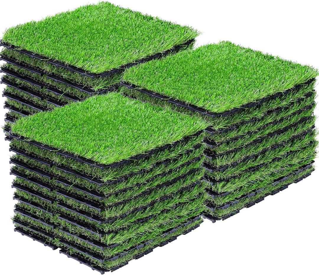 Artificial Grass Tiles Interlocking Turf Squares Deck 27 Pack -12"x12" Indoor Outdoor Faux Grass Rug with Drainage Holes-Fake Grass Tiles Self-draining for Garden Lawn Landscape Balcony Decoration