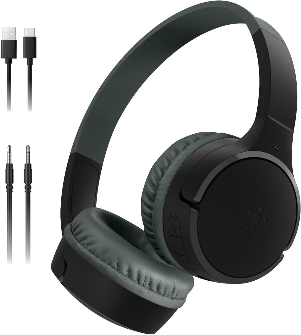 Belkin SoundForm Mini - Wireless Bluetooth Kids Headphones, 30H Battery, 85dB Safe Volume Limit, Built-in Microphone - Toddler On-Ear Earphones for iPhone, iPad, Fire Tablet, Ideal for School - Black