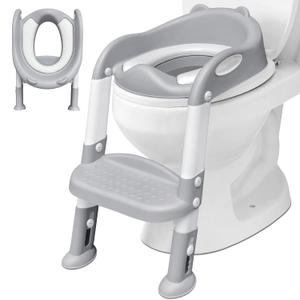 Potty Training Seat with Step Stool Ladder & Handles, Toddler Potty Training Seat Anti-Slip Pads Ladder, Kids Toilet Training Seat for Boys and Girls - Grey
