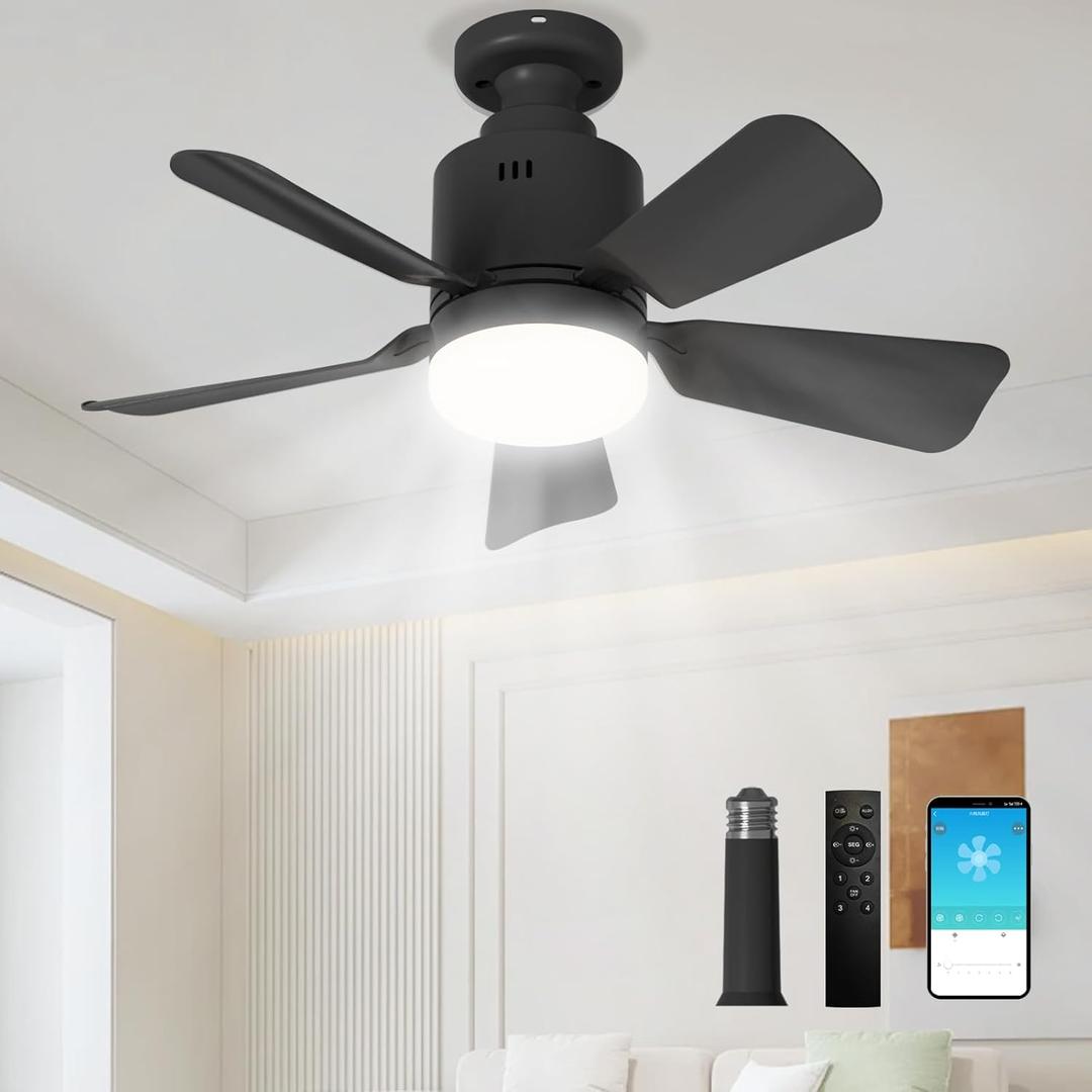 Socket Fan Light with Remote & APP, 17.7'' Socket Breeze Ceiling Fan with Socket Extender, 3 Colors LED Light Bulb, Screw in Small Ceiling Fan for Bedroom Living Room Kitchen Garage (Black)