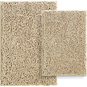 RUN HELIX Beige Bathroom Rug Mat, Extra Thick and Absorbent Bath Rugs, Non-Slip Bath Mat Set, Chenille Soft Plush Shaggy Rugs, Washable Bath Mats, Bath Rugs for Bathroom, Bedroom,24x16+20x32 Inch,