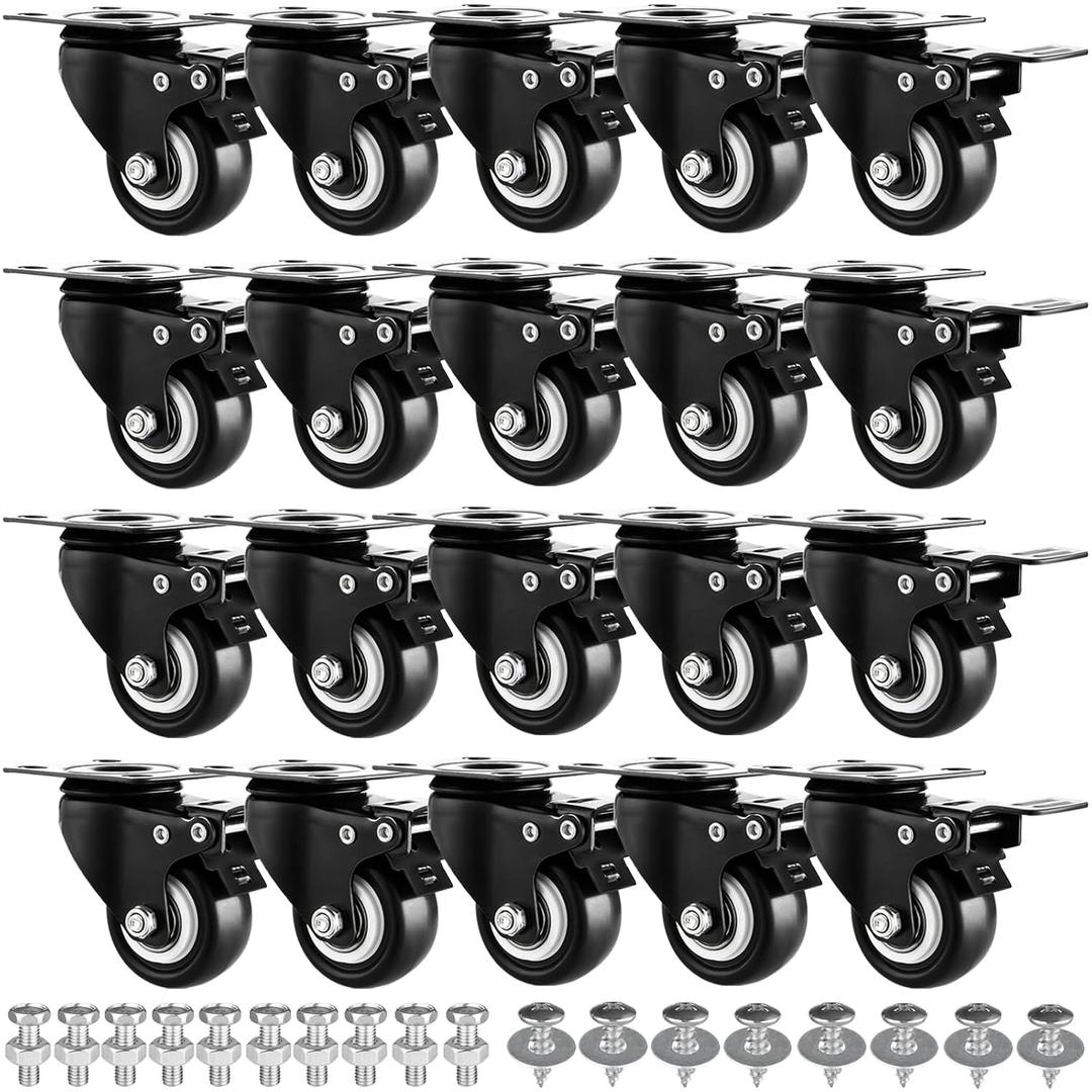 2" Casters Set of 20 Heavy-Duty Industrial Caster Wheels with Brake PU No Noise Wheels with Double Locking and Double Ball Bearing Swivel Locking Casters for Workbench, Furniture, Plate Castors Black