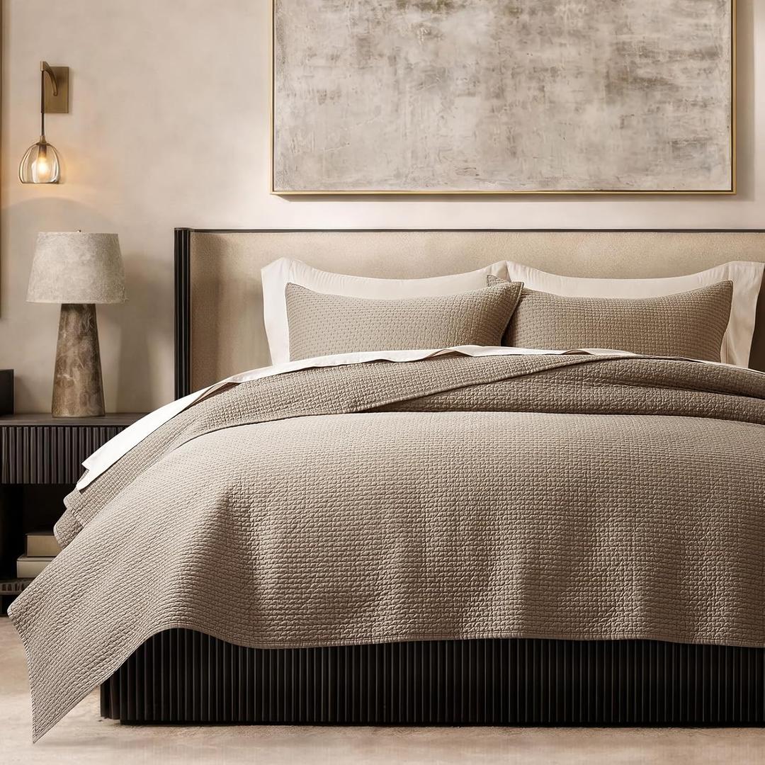 EVERGRACE Cotton Sateen Pick-Stitch Quilt Set Queen Size 100% Cotton Lightweight Coverlet Bedding, Pre-Washed Oversized Bedspread, Breathable All-Season Quilt Set with 2 Shams, Stone Taupe