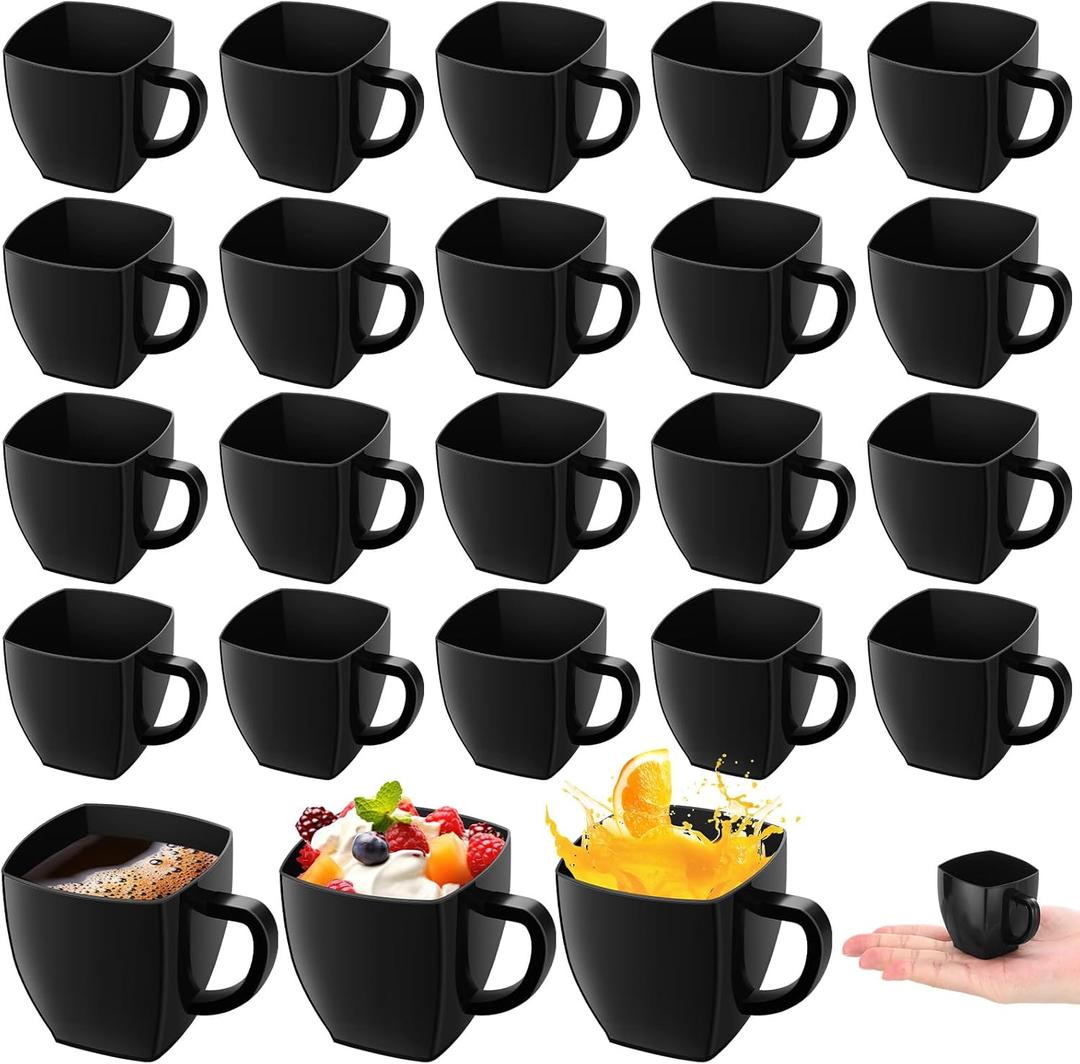 Amyhill Mini Disposable Tea Cups with Handle, 2oz Hard Plastic Coffee Mug Bulk Plastic Square Disposable Espresso Cups for Wedding Tea Party Catering Dessert Sampling(Black, 50 Pcs)