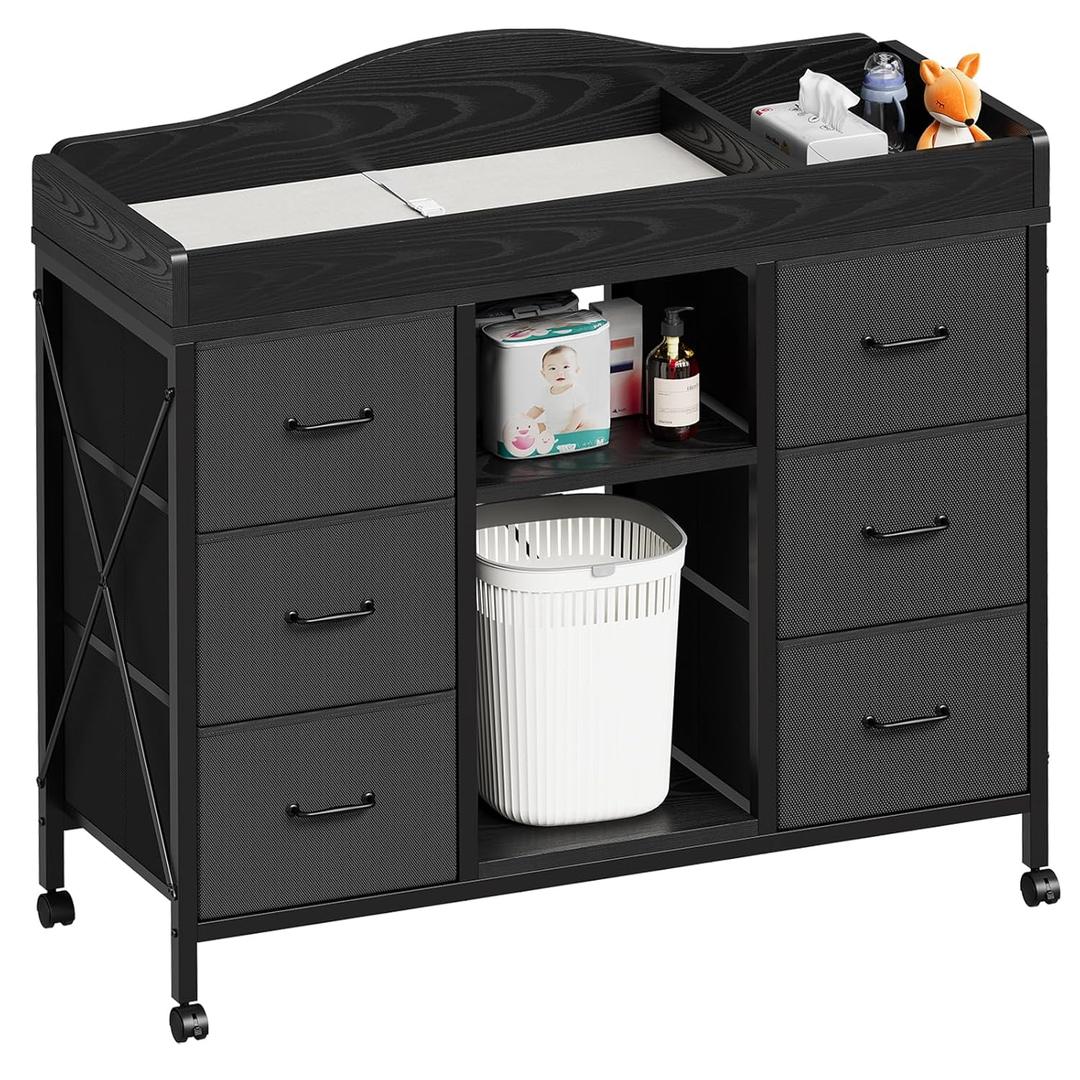 Changing Table, 6-Drawer Baby Dresser with Changing Table top,Waterproof Diaper Changing Station & Pad, 2 Height-Adjustable Open Storage Shelves, Mobile Nursery Organizer, Black