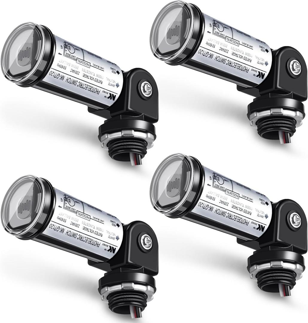 Riakrum 4-Pack Dusk to Dawn/Day Night Sensor Photoelectric Switch 120v Waterproof Photocell Sensor for Outdoor Lighting Swivel Mount Conduit Lighting Control for Wall Porch Light