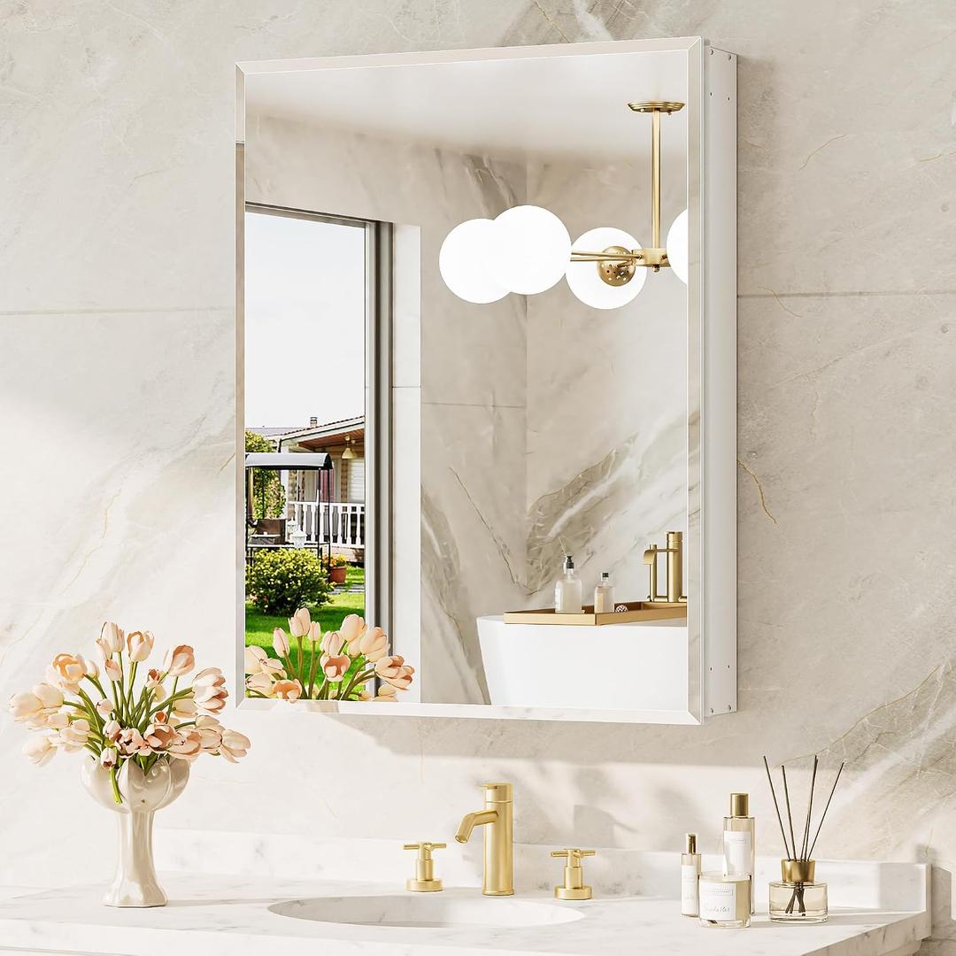 TokeShimi 24 x 32 Mirrored Medicine Cabinet, Assembly Required, White Medicine Cabinet for Bathroom, Tempered Beveled Mirror, Stepless Adjustable Shelves, Recessed/Wall Mounted