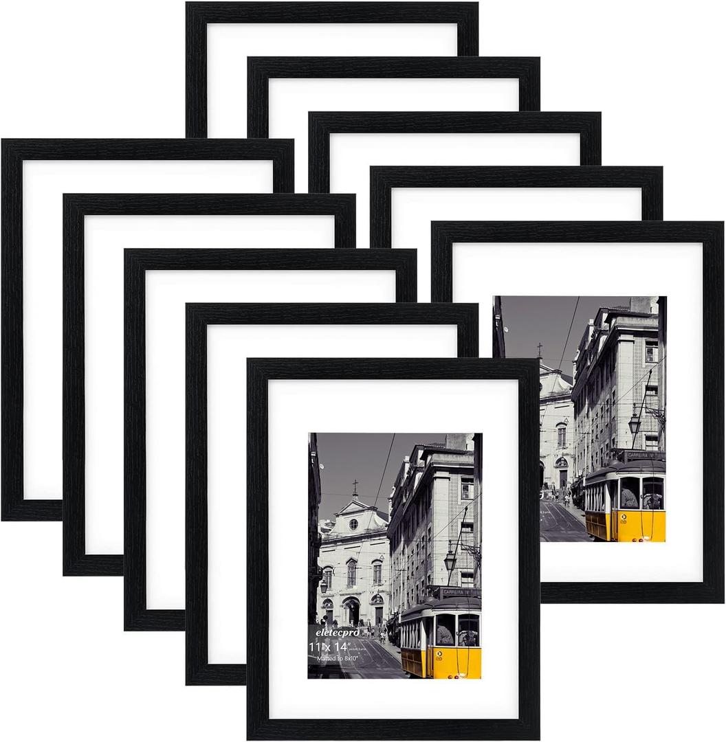 eletecpro 11x14 Picture Frames Set of 10 with Clear Acrylic Cover, Gallery Wall Decor, Displays 8x10 Photos with Mat or 11x14 Without, Horizontal or Vertical Wall Mount, Black