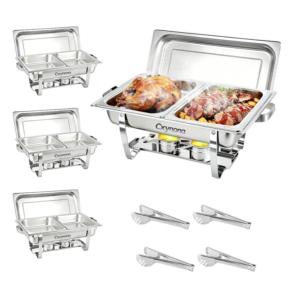 Cxynona Chafing Dishes for Buffet, 9 Qt High Grade Chafing Dish Buffet Set, Rolled-Edge Design Food Warmers for Parties, Buffet, Wedding, Birthday, Camping 4 Pack 4 Pans (Silver)