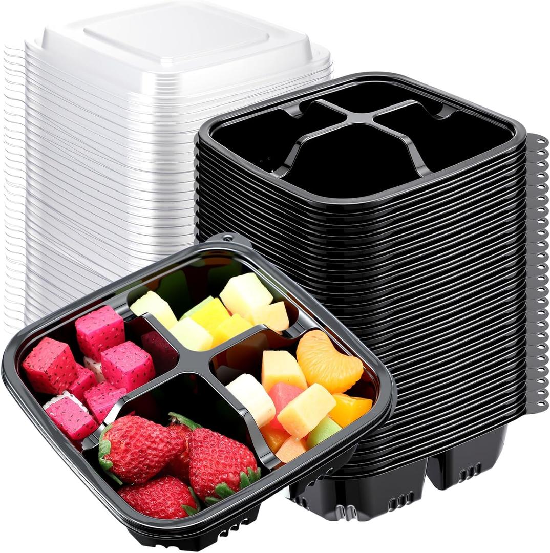 60 Pack 4-compartment Bento Snack Boxes with Lids Reusable Divided Lunch Containers for Travel Work Home Outdoor Camping (Black)