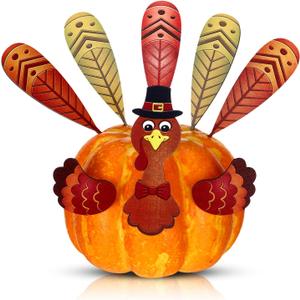 Karenhi Set of 8 Thanksgiving Wooden Pumpkin Turkey Making Kit Autumn Harvest Colorful Turkey Parts for Pumpkin Poke in DIY Decoration Home Outdoor Indoor Decor Gift