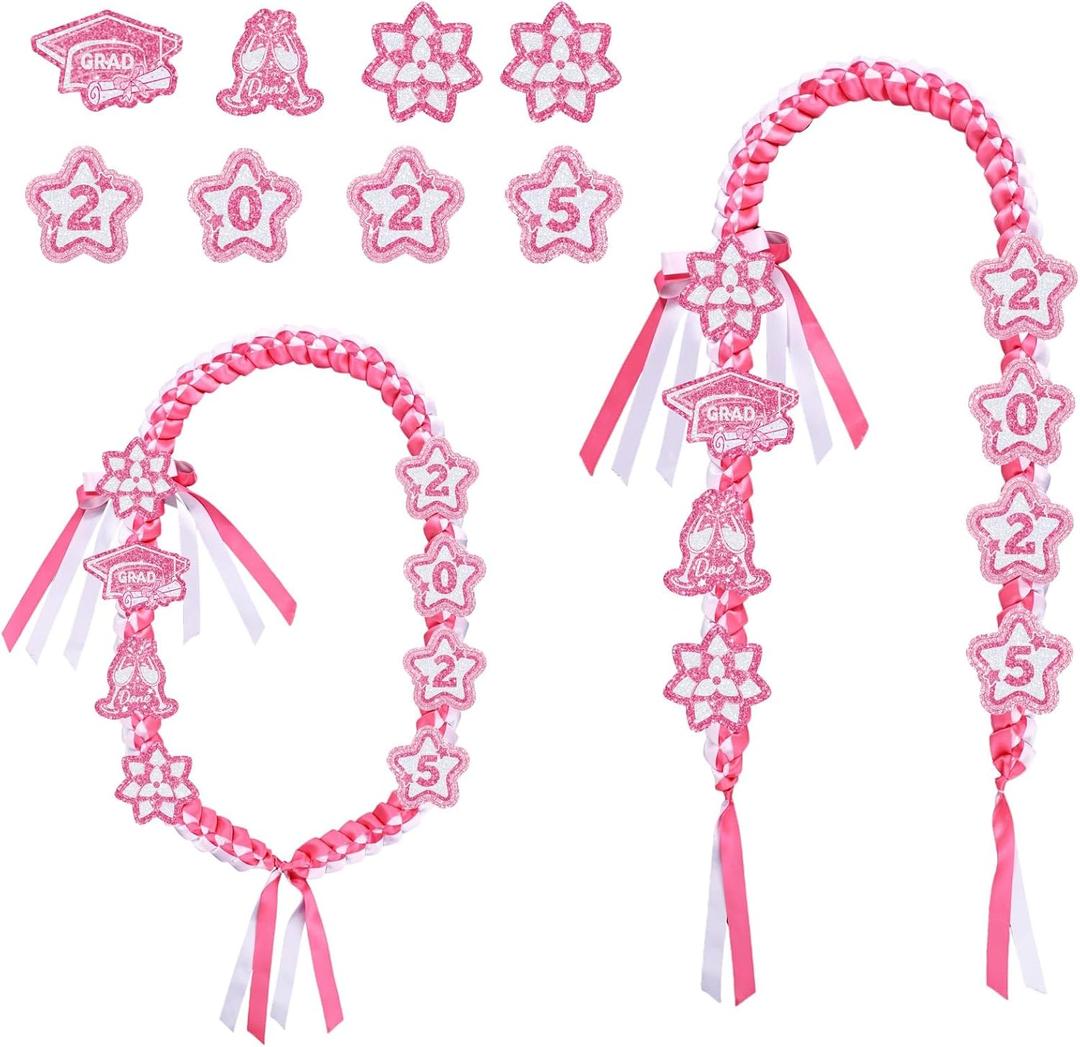 BOXOB 9pcs Graduation Leis Set, Class of 2025 Graduation Neck Garland Braided Necklace Star Flower Ribbon Lei Decorations Grad Gifts for High School & College Ceremony Party (Pink White)
