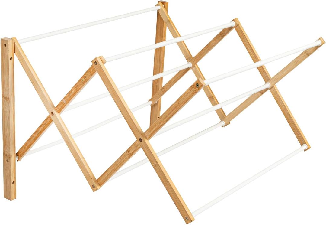 Household Essentials Bamboo and Metal Wall Mount Extendable Drying Rack, Compact Upscale Laundry Rack with 8 Dowels, White, 17.75" H x 28" W x 22.5" deep