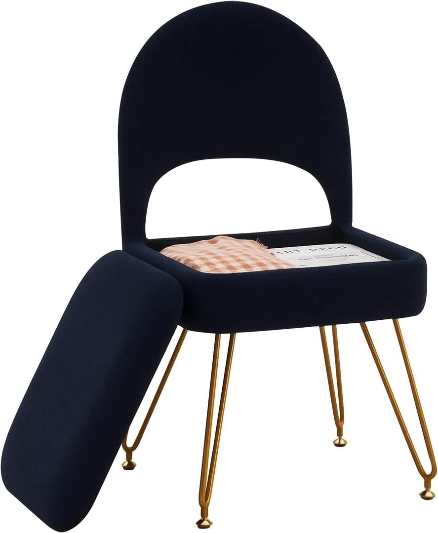 WROCFURSTAR Vanity Stool Chair with Folding Back, Storage Ottomans Faux Fur Vanity Chair, Multifunctional Upholstered Footstool with 4 Metal Legs with Anti-Slip Feet for Bedroom Living Room Entryway