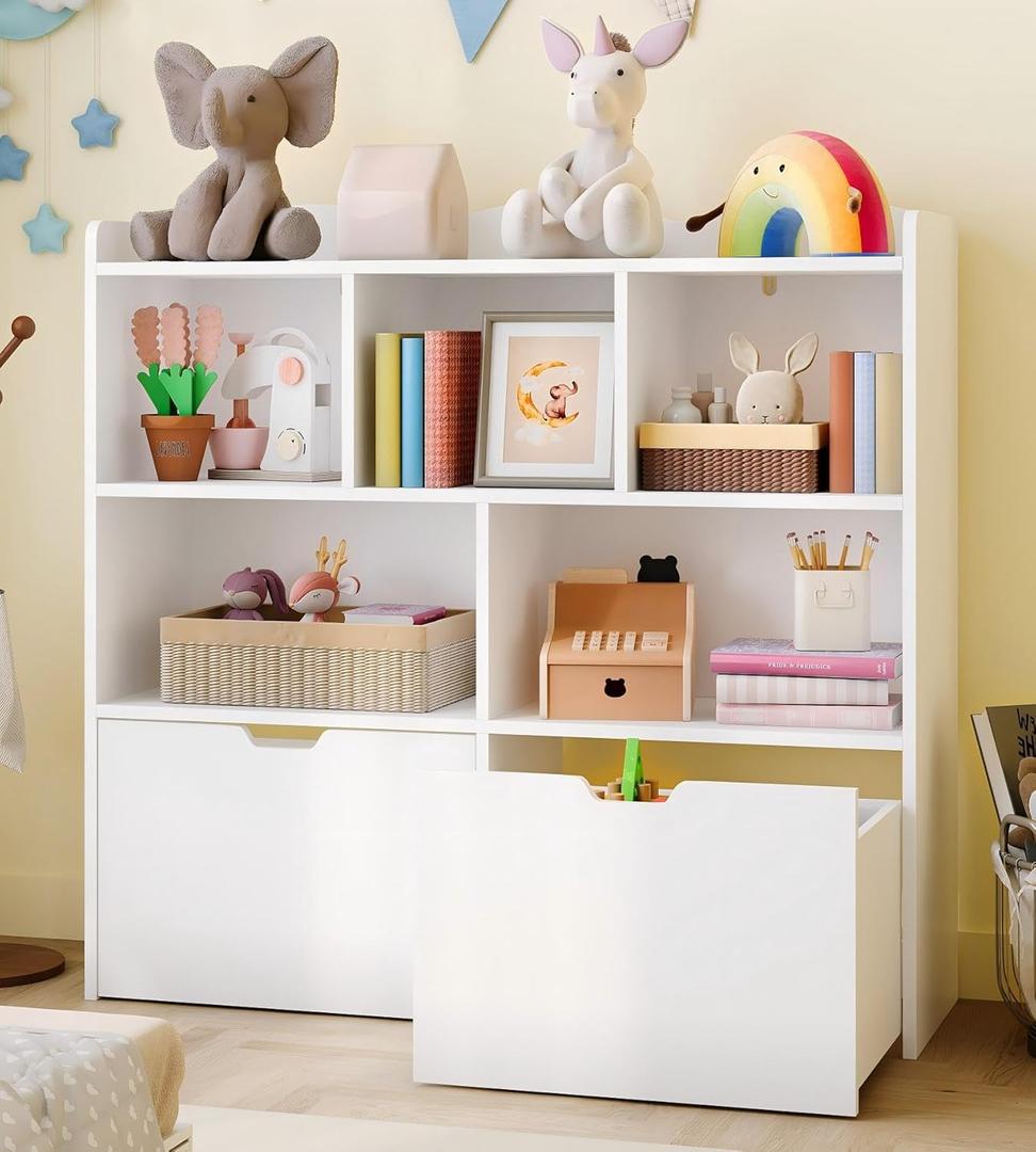 Garvee Toy Storage Organizer with Movable Drawers, Kids Bookshelf with Hidden Wheels & Open Cubbies, Multifunctional Floor Storage Chest for Playroom, White