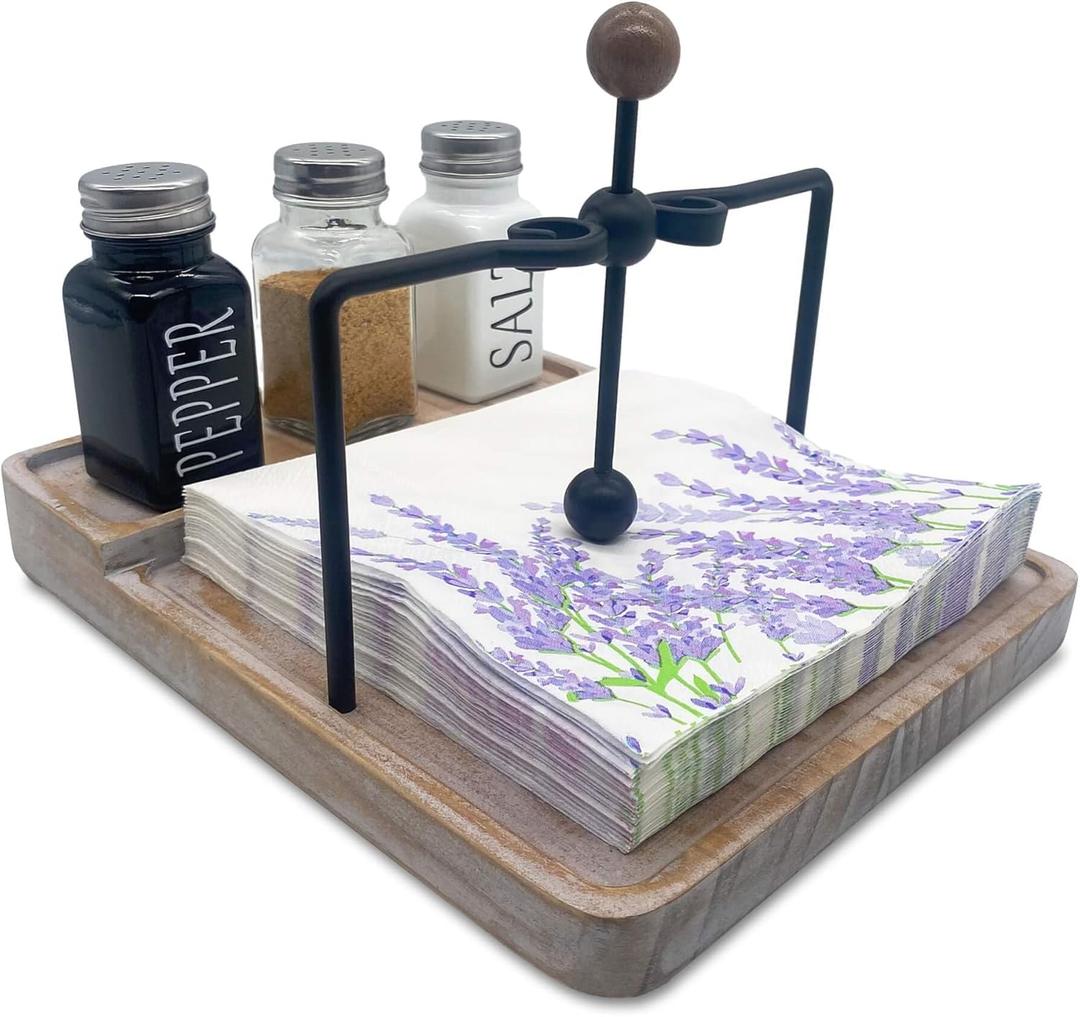 Flat Napkin Holder with Salt and Pepper Shakers, Kitchen Table Decor, 2-in-1 Rustic Napkin Holder for Paper Napkins, Wooden Table Decor for Bar, Kitchen & Dinning Room