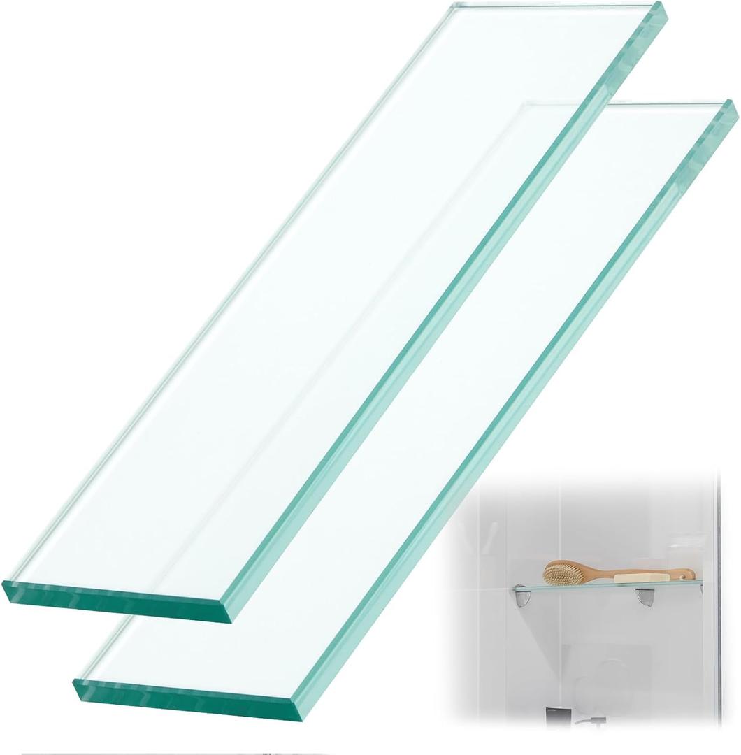 Teenyyou 2 Pcs 3-3/8" x 12" 3/8" Thick Tempered Glass Shelf Clear Flat Polished, Flush-Mounted Floating Shelf for Bathroom Essentials & Shower Niche No Mounting Hardware Required