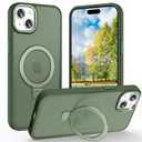 Lufanbis Magnetic for iPhone 15 Plus Case with Ring Stand, [10 FT Drop Protection] Translucent Matte Back Shockproof Phone Case for iPhone 15 Plus 6.7'', Midnight Green