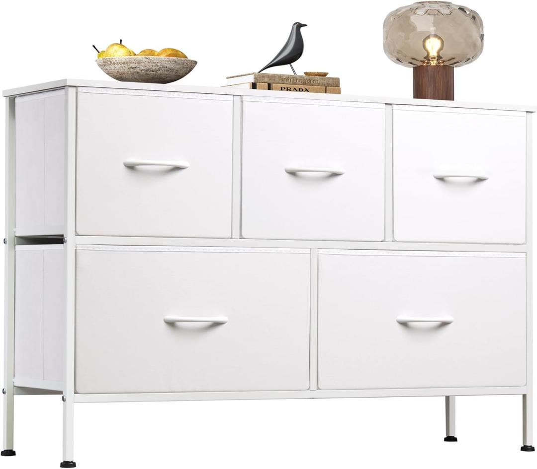 WLIVE White Dresser for Bedroom with 5 Drawers, Chest of Drawers, Fabric Small Dresser with Drawer Organizers, Storage Organizer Unit for Hallway, Entryway, Closets (11.73"D x 39.37"W x 26.57"H)