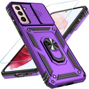SunStory Phone Case for Samsung Galaxy S21 Plus 5G Case with HD Screen Protector & Slide Camera Cover & Rotated Ring Kickstand, [Military-Grade] [2 in 1] Phone Case for Galaxy S21 Plus 6.7",Purple