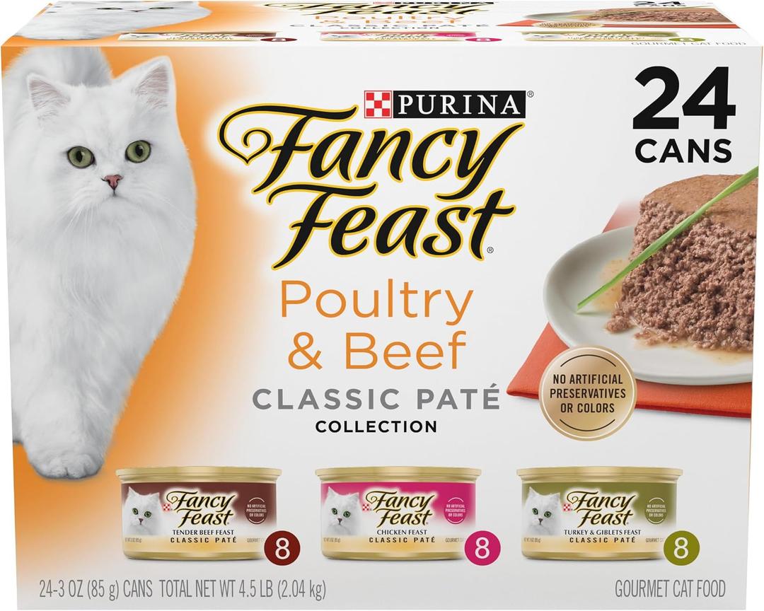 Fancy Feast Poultry and Beef Feast Classic Pate Collection Grain Free Wet Cat Food Variety Pack - (Pack of 24) 3 oz. Cans (EXP 08/25/27)