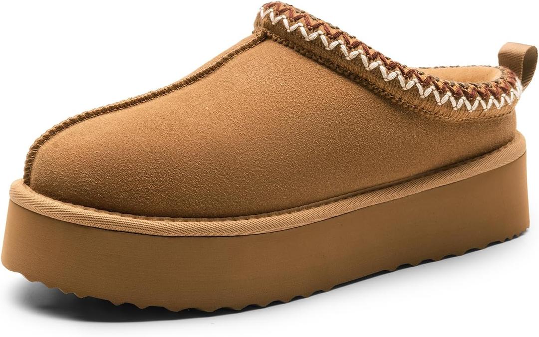 DREAM PAIRS Women's Slippers for Women Genuine Suede Platform Slip-on Warm Slippers Winter Fluffy Warm Comfy Furry Shoes for Outdoor Indoor FuzzyEasy, Size 8, Chestnut