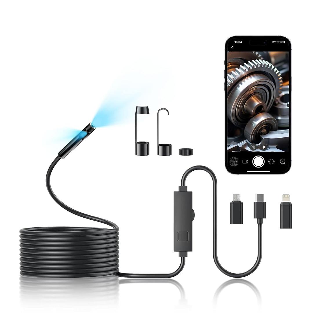DualLens Endoscope Camera with Light,1920P HD Inspection Camera for Automotive & Home, IP67 Waterproof Borescope with Semi-Rigid Snake Cable, Detects Pipe Clogs, Engine Issues-16.5FT for iPhone Android