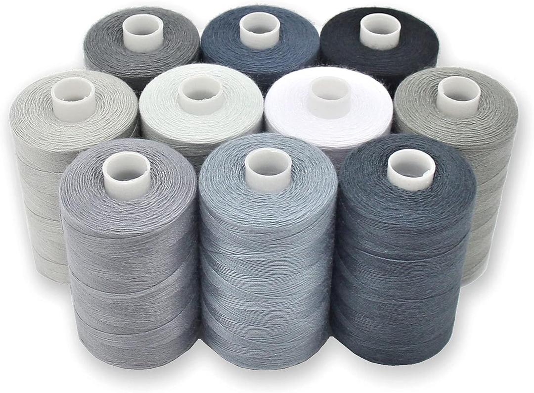 BlesSew Gray Sewing Threads - 10 Large Spools of Polyester Thread for Hand, Quilting & Sewing Machine - Grey Shades Plus Black & White - 1000 Yards Per Spool (Balance)