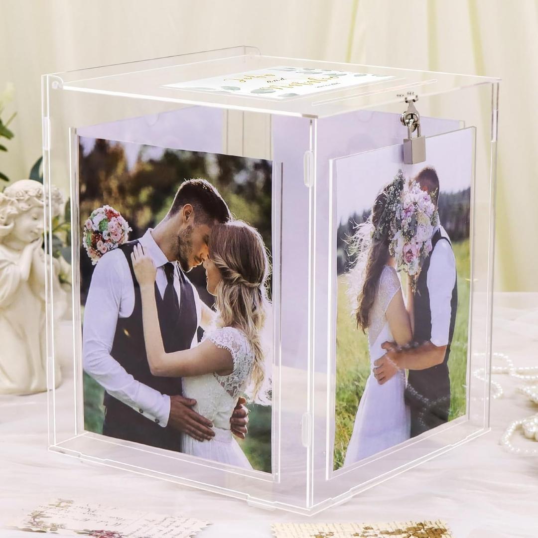 Acrylic Wedding Card Box with Picture Frame, Clear Gift Card Box for Wedding Reception, Large Rotatable Money Envelope Card Box Holder with Lock for Graduation Party Birthday Baby Shower (13" x 11" x 11")