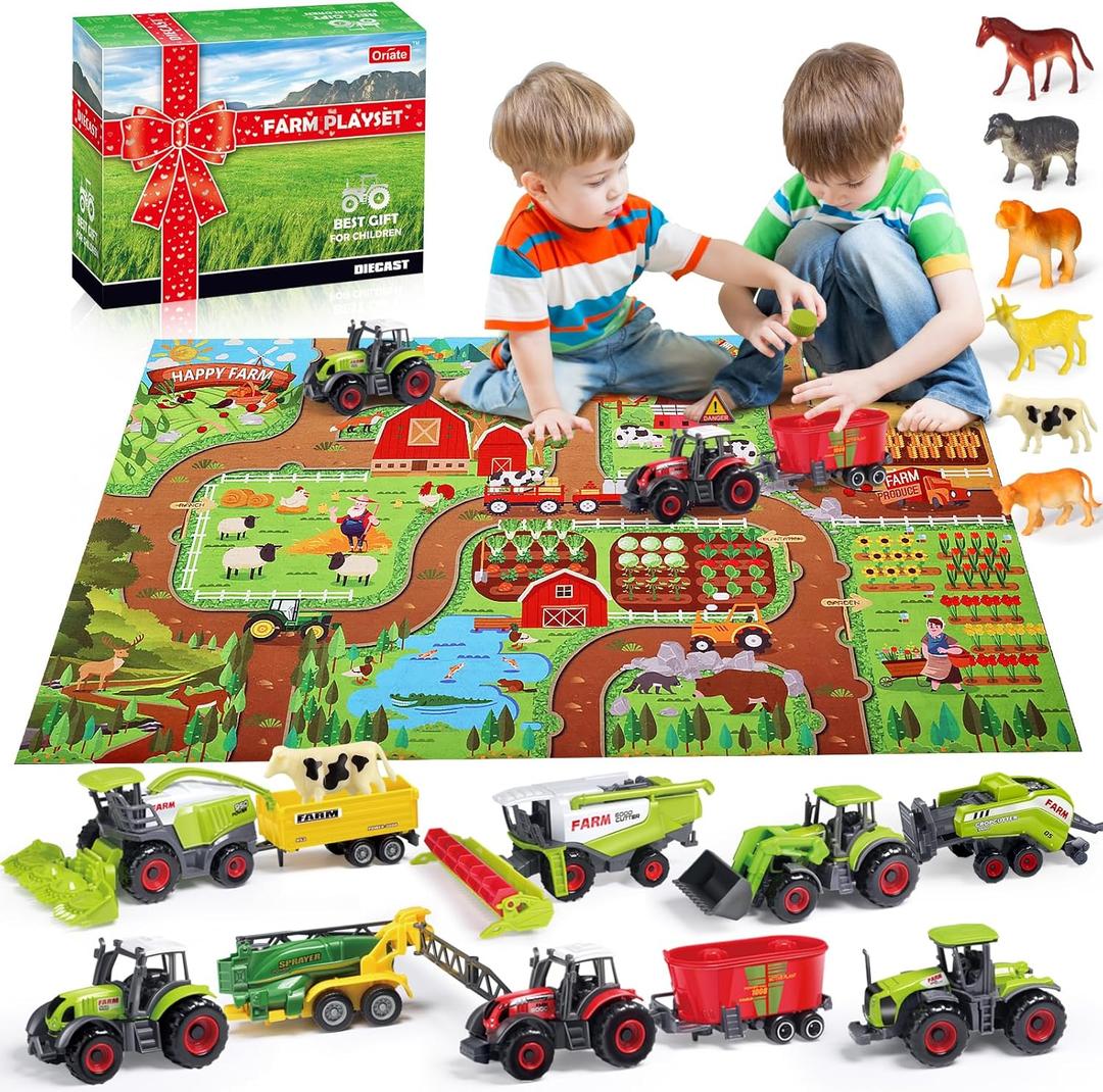 Oriate Farm Tractor Toys Vehicle with Animals & Activity Play Mat, 38Pcs Educational Realistic Kid's DIY Diecast Set, Kids Tractors Trailer Sprayer Cow Animal Toy Birthday Gift