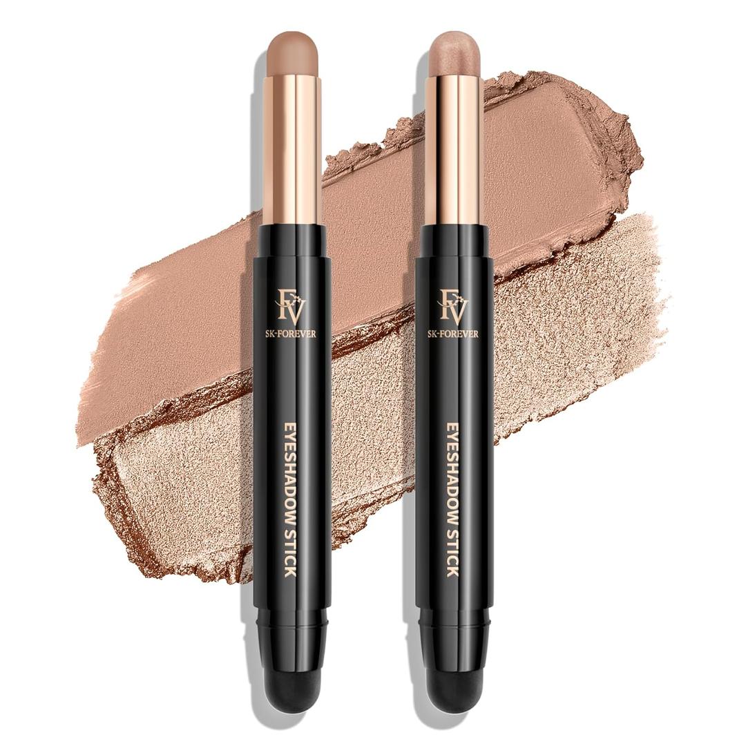FV Waterproof Eyeshadow Stick Duo,Long-Lasting Cream Eye Shadow Makeup Sets, High Pigmented Eyeshadow Pencil with Matte & Shimmer Finish, Natural Look (Vanilla & Champagne)