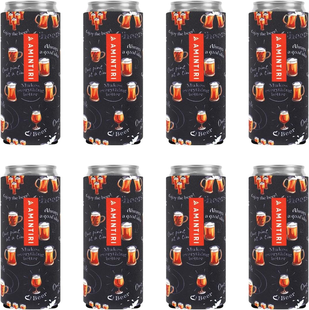 Slim Standard 12oz Can Holder for Beer&Soda, 8 Pack Can Cooler Sleeve for Beverage Soda Drinks, Insulated Neoprene Can Cover, Reusable Can Covers for Women (Enjoy Beer, 12oz Slim Can)
