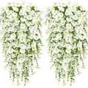 TOCHGREEN Artificial Fake Hanging Flowers Plants for Outdoor Decoration 2PCS Faux Silk Morning Glory Flowers UV Resistant Hanging Plants for Home Porch Patio Garden Planter Decor (White, 2PCS)