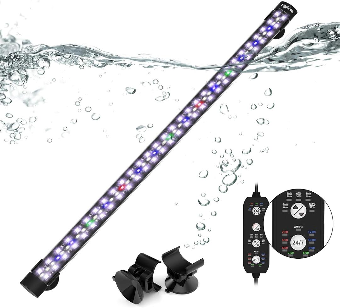 SEAOURA 24/7 Submersible LED Aquarium Light for Plants Fish Tank, 23 Inch
IP 68 Waterproof Full Spectrum Aquarium Plant Light with Timer for 24-43 Inch Tank, 10 Brightness, 8 Colors, Auto On/Off