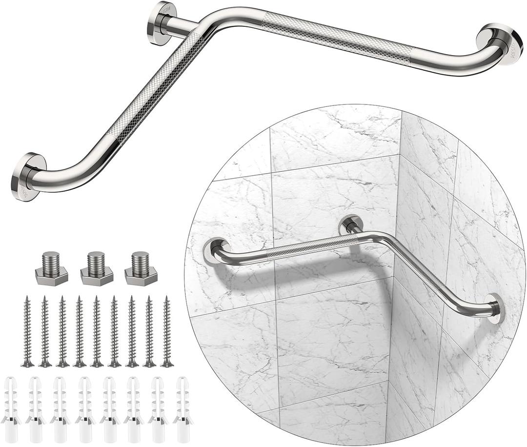 15 Inch Angled Shower Grab Bar, Munzong Anti Slip Chrome Bathroom Grab Bar, L-Shaped Knurled Balance Bar, Safety Hand Rail Support Handicap Elderly Injury Senior Assist Bath Handle