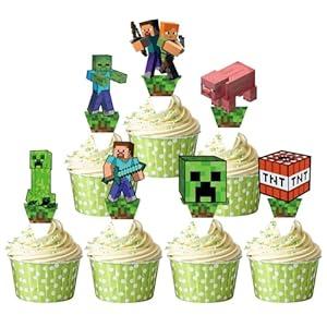 Pixel Style Cupcake Toppers – Miner Video Game Theme Decorations for Kids Birthday, 7 Designs Cake Picks for Boys and Girls, Birthday Party & Dessert Table Supplies