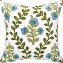 Alysheer Floral Embroidered Summer Decorative Throw Pillow Cover 18"x 18", Farmhouse Cottage Blue Flowers Green Leaves Knit Pattern Cotton Canvas Cushion Case for Sofa Couch Bed Living Room Decor