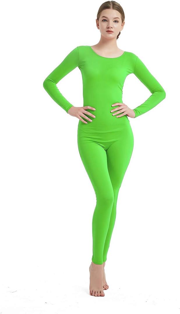 Full Bodysuit Womens Long Sleeve One Piece Jumpsuit Spandex Zentai Unitard, Lime Green Large