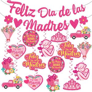 LARRAZABAL Feliz Dia De Las Madres Decorations, Mothers Day Decorations Includes Feliz Dia De Las Madres Banner and Hanging Swirls for Spanish Mother's Day Party Supplies