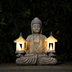 Meditating Buddha Statue with Solar Lights, Zen Garden Decor for Home, Patio, Yard, Outdoor  Unique Gift for Women and Friends(Two Pavilions)