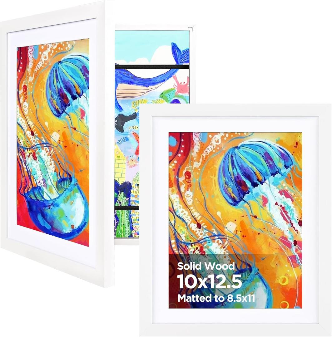 KINLINK 10x12.5 Kids Art Frames Set of 2, Solid Wood Kids Artwork Frames Changeable with Acrylic Front Opening Holds 150 Pictures, Art Frame for Kids Artwork with Mat or without Mat, White