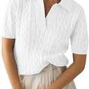 Imily Bela Women's Cable Short Sleeve Sweaters Tops Solid Lapel V Neck Knit Casual Soft Pullover Shirt XL